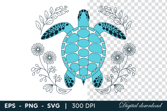 Download Blue Sea Turtle with Floral Decorative - Blue sea turtle Collection